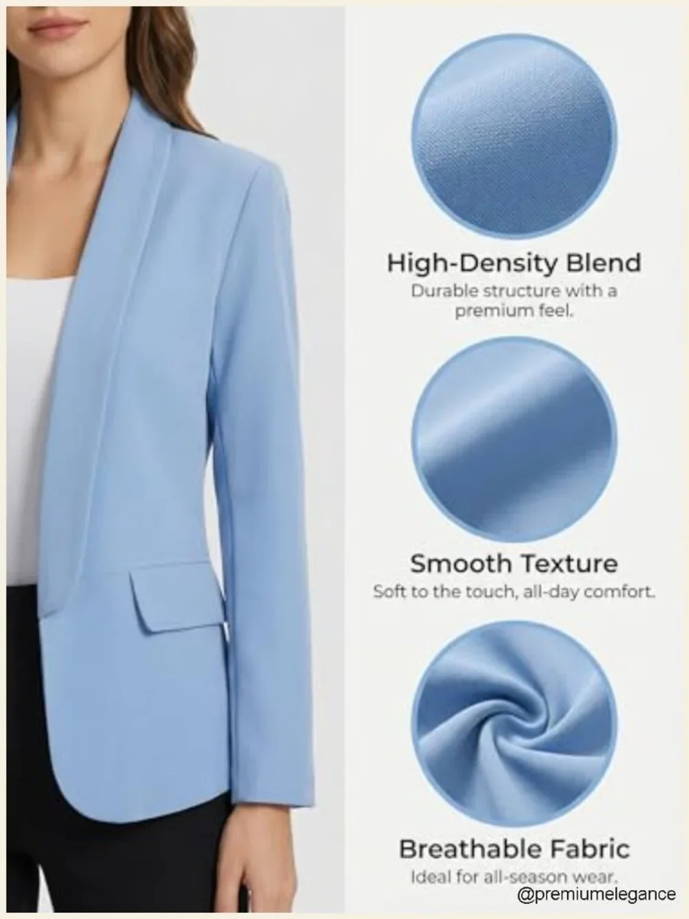 Casual Long Sleeve Blazer Jacket for Women, Notched Lapel, No Button, Polyester